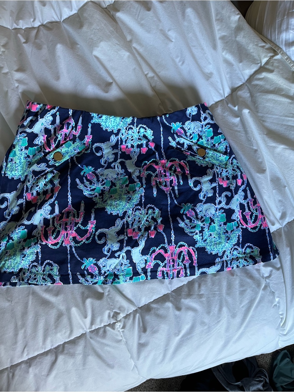 Lilly Pulitzer Navy skirt with Teal and Pink Chandelier Print